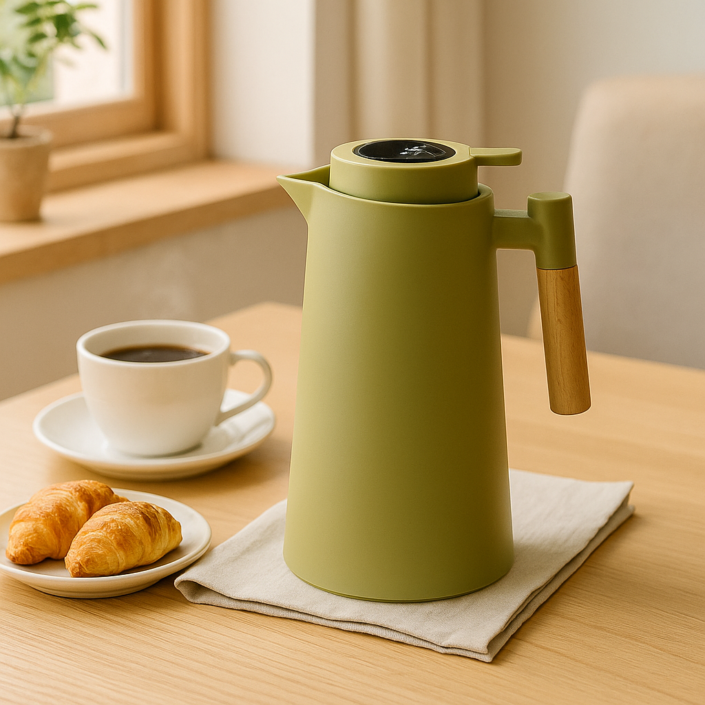 Isolierkanne aus Glas mit Temperaturanzeige und Holzgriff