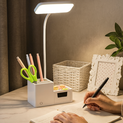 LED-Schreibtischlampe wiederaufladbar – dimmbar, klappbar & mit Handyhalter