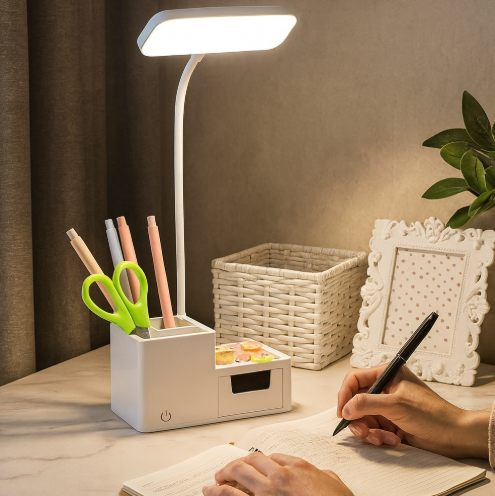 LED-Schreibtischlampe wiederaufladbar – dimmbar, klappbar & mit Handyhalter