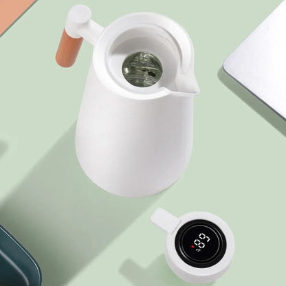 Isolierkanne aus Glas mit Temperaturanzeige und Holzgriff