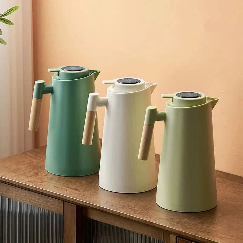 Isolierkanne aus Glas mit Temperaturanzeige und Holzgriff